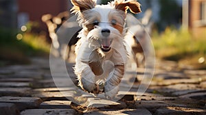 Dogs cute puppies running along the path in the yard