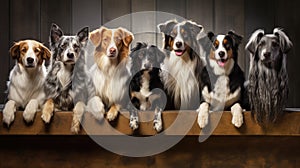 Dogs of different breeds sitting together. Blurred background