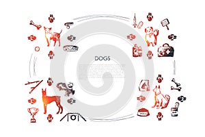 Dogs - different dog breeds with food, bones, collar, footprints, bowl, vet objects vector concept set