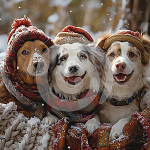 Dogs dressed with scarfs and hatd, winter scene