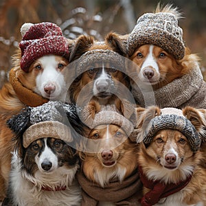 Dogs dressed with scarfs and hatd, winter scene