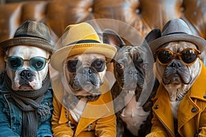 Dogs in Fashionable HatsAdorable dogs wearing stylish hats and sunglasses, posing against a yellow background. photo