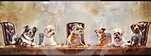 Dogs in formal meeting, looking confused an worried. Cartoon.