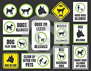 Dogs friendly sign, pet allowed set, dog in car and xing