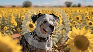 Dogs Frolicking near a Sunflower Meadow. Generative AI