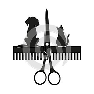 Dogs grooming and cats. comb and scissors. Icon, symbol, logo, banner for animals salon.