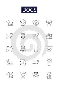 Dogs line vector icons and signs. Hound, Pup, Mutt, Labrador, Terrier, Poodle, Harrier, Spaniel outline vector