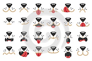 Dogs mouth. Cute pet facial expressions, happy animal mask and face paint dog elements cartoon vector set