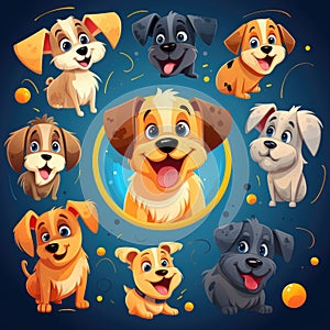 Dogs, pattern of funny cartoons on colored backgrounds, illustration for graphic design of children\'s themes and stories