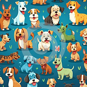 Dogs, pattern of funny cartoons on colored backgrounds, illustration for graphic design of children\'s themes and stories