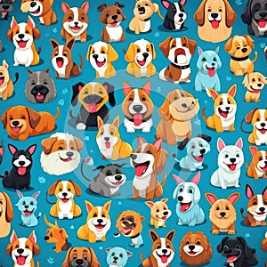 Dogs, pattern of funny cartoons on colored backgrounds, illustration for graphic design of children\'s themes and stories