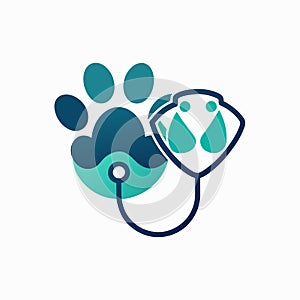 A dogs paw is placed next to a stethoscope, symbolizing veterinary care and check-ups for pets, Clean, geometric design of a paw