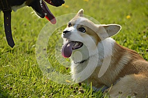 Dogs play with each other. Puppy Corgi pembroke. Merry fuss puppies. Aggressive dog. Training of dogs. Puppies education, cynolog