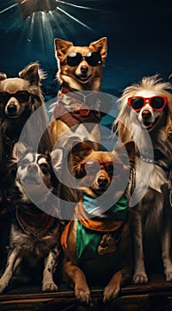 dogs portrait with sunglasses, Funny animals in a group together looking at the camera, wearing clothes, having fun