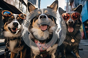 dogs portrait with sunglasses, Funny animals in a group together looking at the camera, wearing clothes, having fun