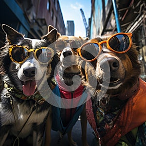 dogs portrait with sunglasses, Funny animals in a group together looking at the camera, wearing clothes, having fun