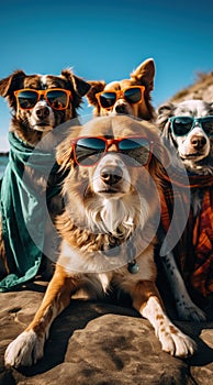 dogs portrait with sunglasses, Funny animals in a group together looking at the camera, wearing clothes, having fun