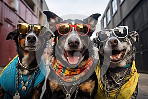 dogs portrait with sunglasses, Funny animals in a group together looking at the camera, wearing clothes, having fun