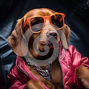 dogs portrait with sunglasses, Funny animals in a group together looking at the camera, wearing clothes, having fun