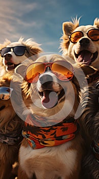 dogs portrait with sunglasses, Funny animals in a group together looking at the camera, wearing clothes, having fun