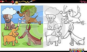 Dogs and puppies characters group coloring book page