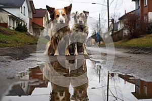 dogs reflection in a puddle on a rainy day walk