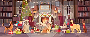 Dogs In Santa Hats In Living Room With Decorated Pine Tree, Merry Christmas And Happy New Year Holiday Poster Design