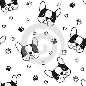 Dogs seamless pattern with face of French bulldog. Texture with dog heads. Hand drawn vector illustration in doodle