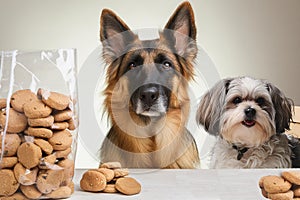 Dogs sitting at a table and share treats photo
