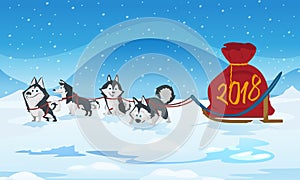 Dogs sled team and chrismas red bag with numbers 2018