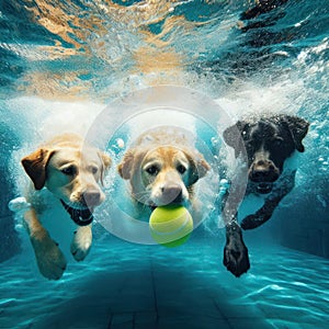 dogs swimming to get the ball