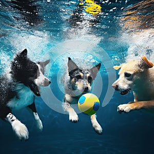 dogs swimming to get the ball underwater in the pool