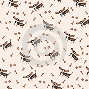 Dogs Vector Seamless pattern. Dog Basset Hound, bone, paw print.