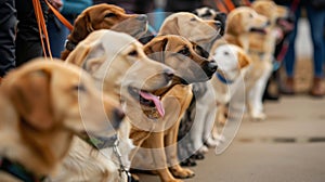 dogs waiting in line for obedience trial outdoors