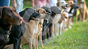 dogs waiting in line for obedience trial outdoors