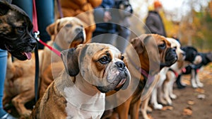 dogs waiting in line for obedience trial outdoors