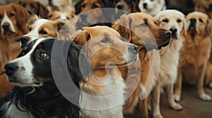 dogs waiting in line for obedience trial outdoors