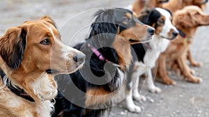 dogs waiting in line for obedience trial outdoors