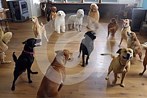 dogtastic dance party, with multiple canines shaking their paws and barking in unison