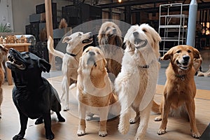 dogtastic dance party, with multiple canines shaking their paws and barking in unison