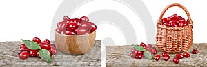 dogwood berry with leaf in bowl on wooden table with white background