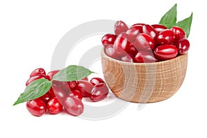Dogwood berry with leaf in a wooden bowl isolated on white background