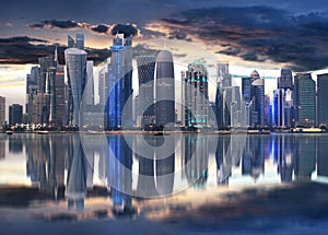 Doha city skyline city center at night, Qatar photo