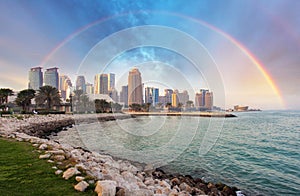 Doha city skyline city with rainbow, Qatar