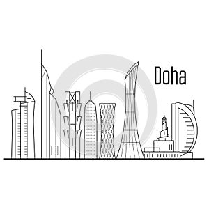 Doha city skyline - downtown cityscape, Qatar landmarks in liner