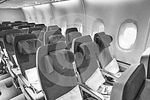 DOHA, QATAR - AUGUST 17, 2018: Interior of Airbus A380. It is th