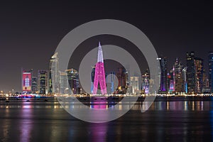 Doha, Qatar - December 6, 2022: The West Bay city skyline at night, Doha, Qatar.