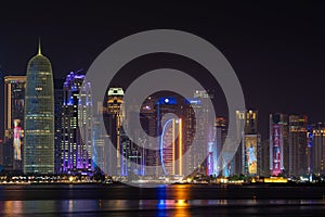 Doha, Qatar - December 6, 2022: The West Bay city skyline at night, Doha, Qatar.