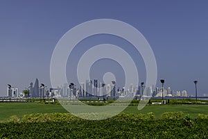Qatar, Doha, View of skyscrapers from gardens photo