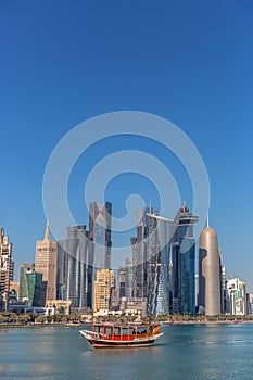 DOHA, QATAR - JAN 8th 2018: The West Bay City skyline as viewed from The Grand Mosque on Jan 8th, 2018 in Doha, Qatar. The West Ba